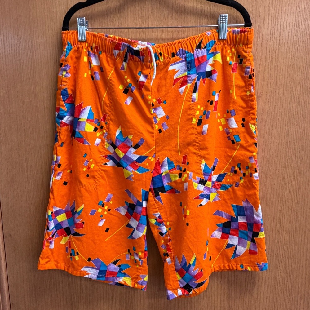 Boundary Waters Mens 90s Retro Swim Trunks Orange Geometric Palm Tree Print M